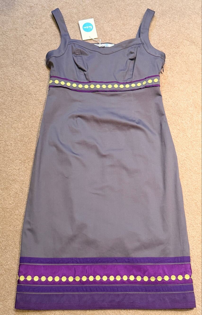 Boden NWT Gray Purple Polka Dot Ribbon Accent Midi Pencil Dress Size US 4 UK 8